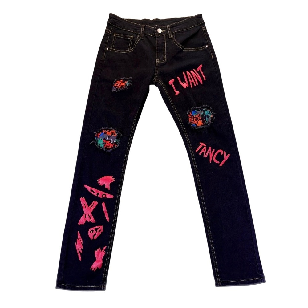 Black Graphic Distressed Jeans Streetwear Pink Graffiti Print Small Skater Punk